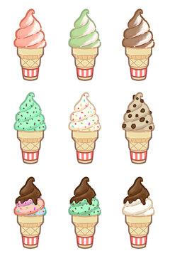 Variation Cute Illustration Swirl Ice-Cream Element with Transparent Background &ndash; Strawberry Flavor, Matcha Flavor, Chocolate Flavor, Chocolate Mint Flavor, Vanilla Rainbow Sprinkle Flavor