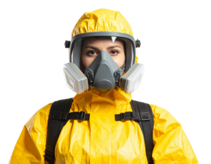Close-up of Safety Worker Wearing Yellow Suit and Respirator with Protective Goggles