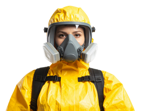 Close-up of Safety Worker Wearing Yellow Suit and Respirator with Protective Goggles - Powered by Adobe