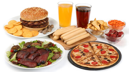 Unhealthy Fast Food Assortment Burger Fries Pizza Drinks Meats and Salad on White Background unhealthy food