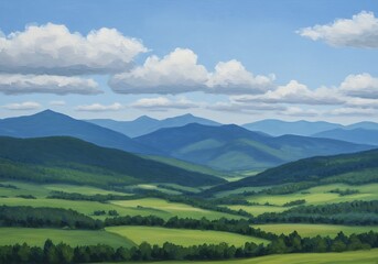 Obraz premium Serene Mountain Vista: Rolling Hills and Summer Sky