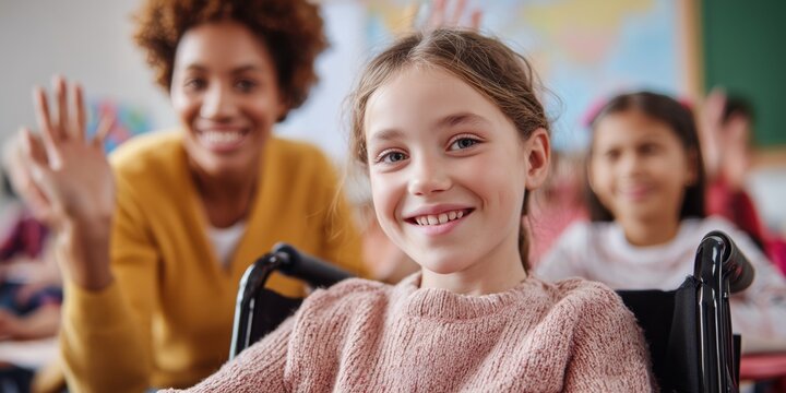 Happy schoolgirl in a wheelchair participating in a classroom activity, smiling confidently while learning, with teacher and classmates in the background, symbolizing inclusion and education for all.