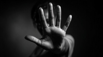 A person stands defiantly in a dark environment, raising their hand to signal a boundary while conveying a powerful message against harassment. The focus is on their determined expression