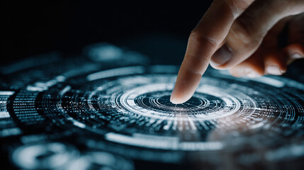 Human finger interacts with advanced technology interface featuring complex digital patterns and circles. A futuristic concept for innovation and connection.