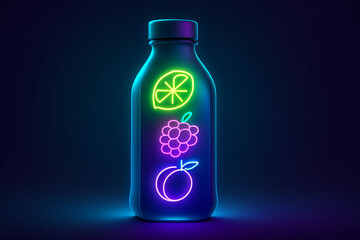 Futuristic bottle with neon fruit icons glowing against dark background for modern beverage branding