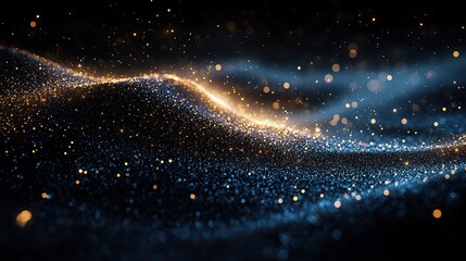Obraz premium Abstract digital art of swirling, shimmering particles. Golden and blue specks form wave-like patterns against a dark background
