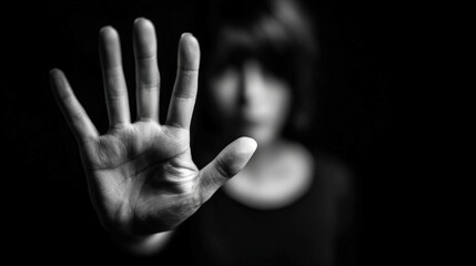 Fototapeta premium A person stands defiantly in a dark environment, raising their hand to signal a boundary while conveying a powerful message against harassment. The focus is on their determined expression