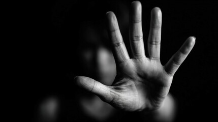 A person stands defiantly in a dark environment, raising their hand to signal a boundary while conveying a powerful message against harassment. The focus is on their determined expression