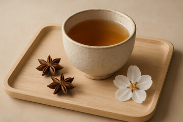 Minimalist tea composition with ceramic cup, star anise and white flower on wooden tray