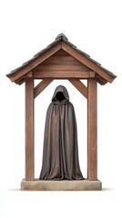 Mysterious hooded figure stands within a rustic wooden structure