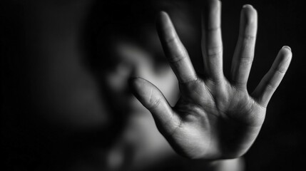 Fototapeta premium A person stands defiantly in a dark environment, raising their hand to signal a boundary while conveying a powerful message against harassment. The focus is on their determined expression