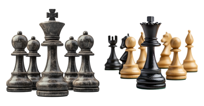 Stylish Chess Pieces in Black and White Set Against Plain Background, PNG bundle collection, Isolated on Transparent Background