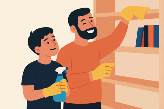 Father and son cleaning shelves together showing family teamwork