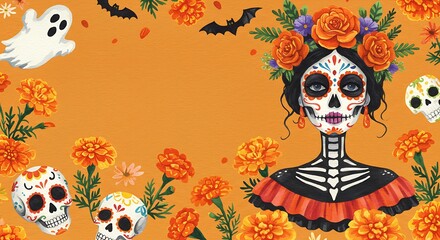 Día de Muertos: Orange Floral Sugar Skull Beauty