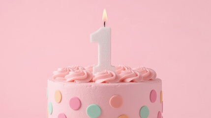 Cute first birthday cake with pink frosting, pastel candy dots, and a lit white number one candle