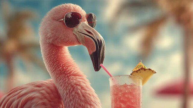 4k video of a flamingo drinking a cocktail on a beach.