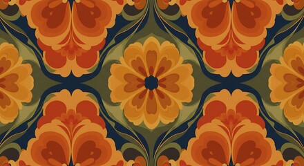 Retro Floral Damask Pattern in Autumn Hues, Vintage Wallpaper Design with Stylized Flower Motifs