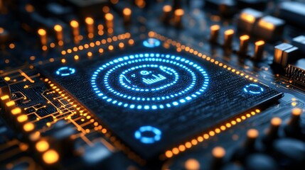 Fototapeta premium Advanced microprocessor on circuit board, highlighted by glowing light patterns