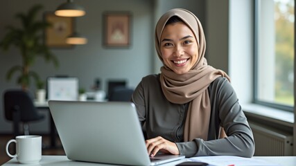 Confident young arabic business woman wearing hijab while working with laptop sitting in the office.
