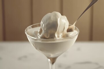 Creamy scoop of ice cream in a glass bowl.