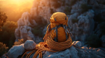 Fototapeta premium Orange climbing backpack on rocky summit at sunset