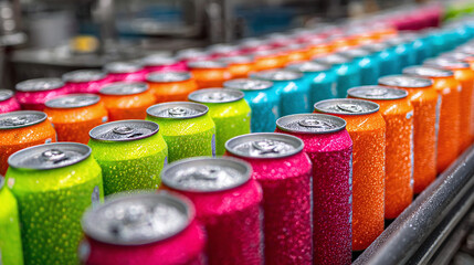 Colorful array of aluminum cans lined up on a conveyor belt. Cold beverages with water droplets gleam under the lights, ready for packaging.
