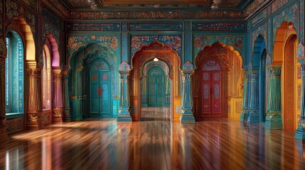 Ornate, blue and gold decorated hall with arched doorways and shiny hardwood floors
