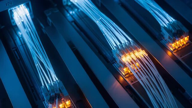 High Tech Blue Lit Fiber Optic Cables Transmitting Data Across Server Racks in a Data Center Networking System