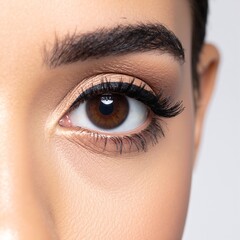 Obraz premium A woman with striking long eyelashes frames her deep brown eyes, exuding warmth and confidence, complemented by her radiant smile and flowing hair.
