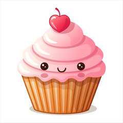 Cute kawaii cupcake character in cartoon style. Smiling food pink mousse dessert with cherry and cream in sweet vector design. Great for party menu or web icon. Perfect for kid card and baby sticker.