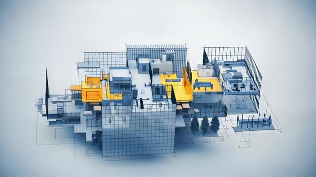 Intricate Abstract Composition Featuring White and Gold Blocks in a Structured Design on White Background