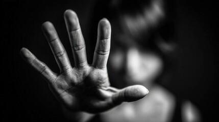 A person stands defiantly in a dark environment, raising their hand to signal a boundary while conveying a powerful message against harassment. The focus is on their determined expression