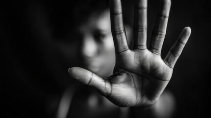 A person stands defiantly in a dark environment, raising their hand to signal a boundary while conveying a powerful message against harassment. The focus is on their determined expression