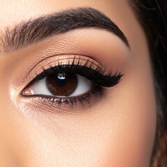 Fototapeta premium A woman with long, fluttery lashes framing her deep brown eyes, exuding warmth and confidence, her hair cascading softly around her shoulders.
