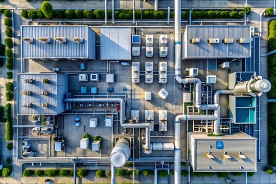 Aerial view of industrial complex with extensive piping and hvac systems