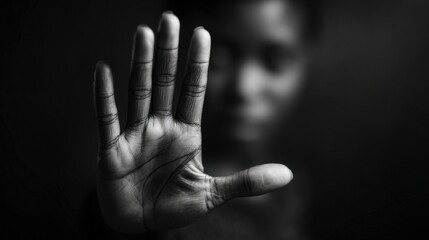 Fototapeta premium A person stands defiantly in a dark environment, raising their hand to signal a boundary while conveying a powerful message against harassment. The focus is on their determined expression