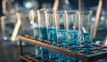 Several test tubes filled with a light-blue liquid, arranged in a metal rack, in a laboratory setting