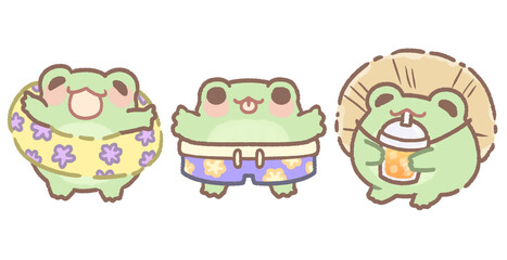 3 Green Frog Cute Summer Beach Activity Element Collection Set with Transparent Background – Frog, Shorts, Drink Juice, Wearing Float, Wearing Hat