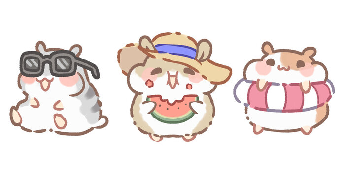 3 Hamster Cute Summer Beach Activity Element Collection Set with Transparent Background &ndash; Hamster, Sunglasses, Eating Watermelon, Wearing Float