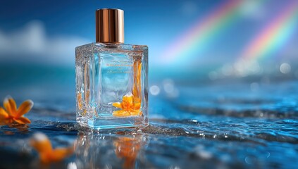 Clear glass perfume bottle,  orange blossoms,  ocean waves, rainbow