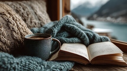 Bright reading nook with cozy blanket, hot coffee mug, and open book beside a large sunny window with blank space, peaceful home corner for leisure, comfort, and relaxation.