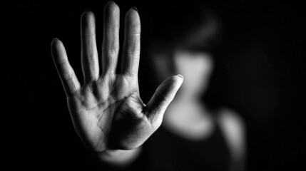 A person stands defiantly in a dark environment, raising their hand to signal a boundary while conveying a powerful message against harassment. The focus is on their determined expression