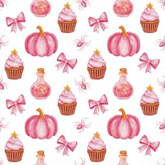 Seamless Halloween-themed pattern in pink tones featuring pumpkins, cupcakes, spiders and webs, candles, and bows
