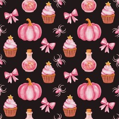 Seamless Halloween-themed pattern in pink tones featuring pumpkins, cupcakes, spiders and webs, candles, and bows