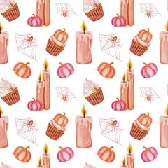 Seamless Halloween-themed pattern in pink tones featuring pumpkins, cupcakes, spiders and webs, candles, and bows