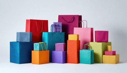 Colorful paper shopping bags and boxes arranged in a vibrant display