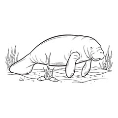 Smooth Manatee Line Art – Manatee Vector Illustration Artistic Drawing with Unique Paddle Flippers – Manatee Drawing – Line Art Drawing of Manatee – Manatee Icon

