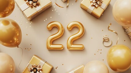 Elegant 22nd Birthday Celebration with Golden Balloons and Wrapped Gifts on Beige