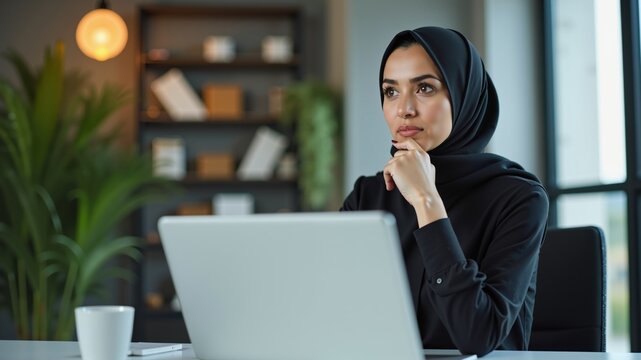 Successful businesswoman thinking at workplace, muslim woman in hijab using laptop at work, serious arab woman sitting at desk inside office close up.
 - Powered by Adobe