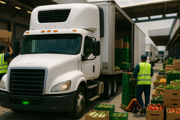 Fresh Produce Delivery with Trucks at a Warehouse Setting During Daylight Hours